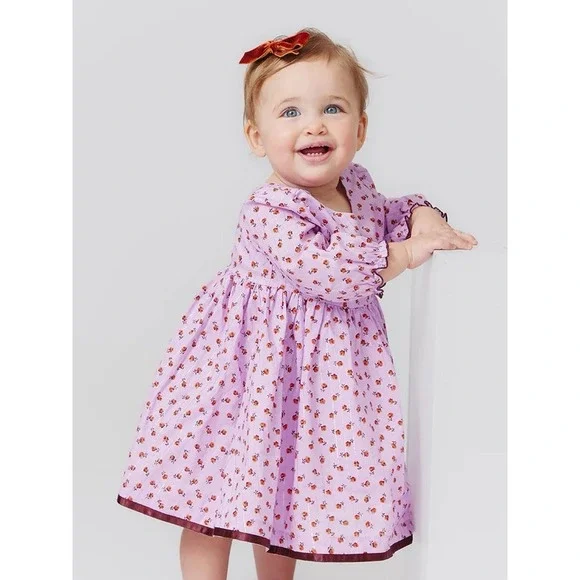 Pink Chicken Amma Lavender Rose Floral Dress Long Sleeve Velvet Trim Girls 3/6M