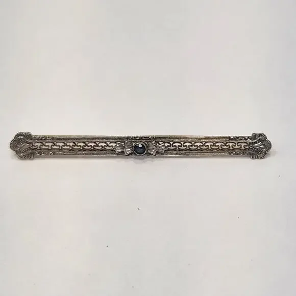 Art Deco Antique 10k White Gold Filigree Bar Pin Brooch Blue Sapphire Edwardian