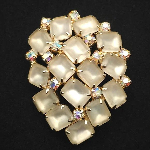Vtg Frosted Glass Aurora Borealis Rhinestone Brooch Statement Gold Tone Wedding
