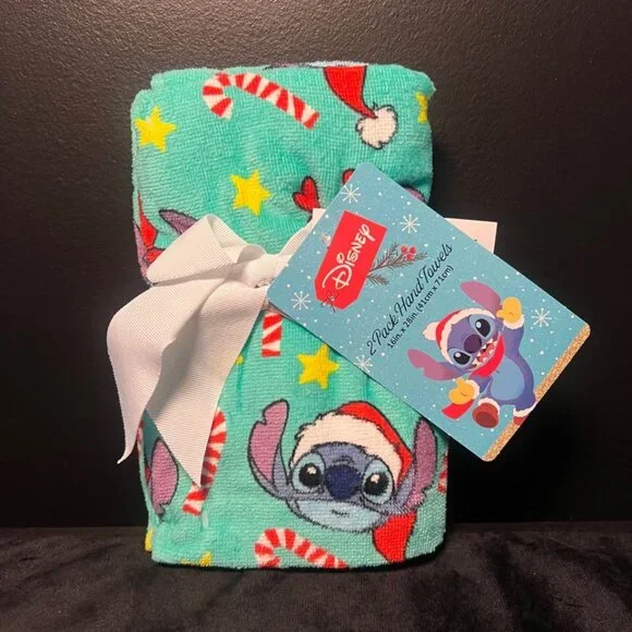 NEW Disney Stitch Blue Christmas Cotton 2 Pack Hand Towel Set 16”x28”