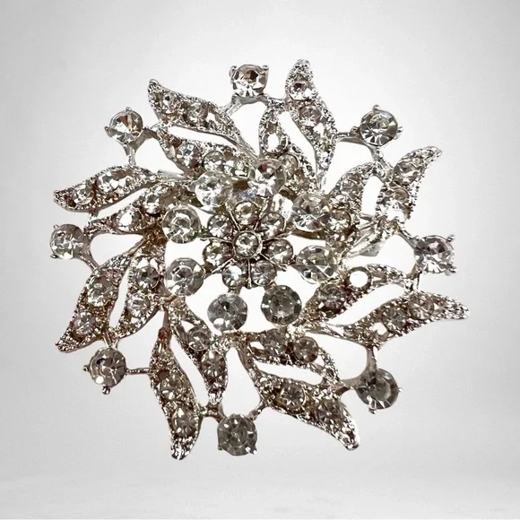 Layered Silvertone Flower Encrusted with Clear Crystal Jewelry Brooch
