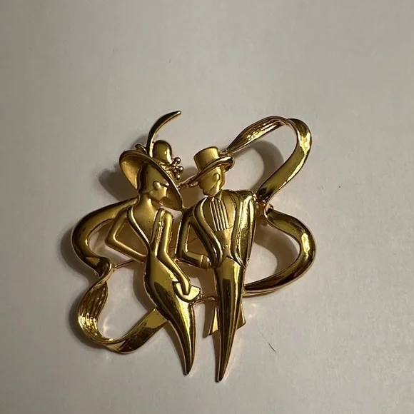 Signed JJ Jonette Jewelry Art Deco Classy Couple Gold Tone Brooch Pin Vintage