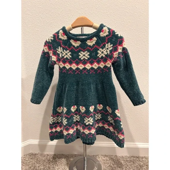 Girls Teal Fair Isle Snowflake Knit Sweater Dress Long Sleeve‎ Size 3T