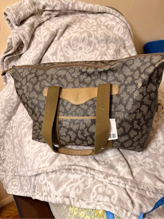 YSL Brown/Tan Logo Duffle Bag Large Zip Closure Silver Hardware | with COA