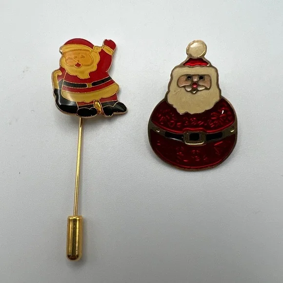 Vintage Santa Claus Pins Lot of Two Enamel Gold Tone One Stick Pin