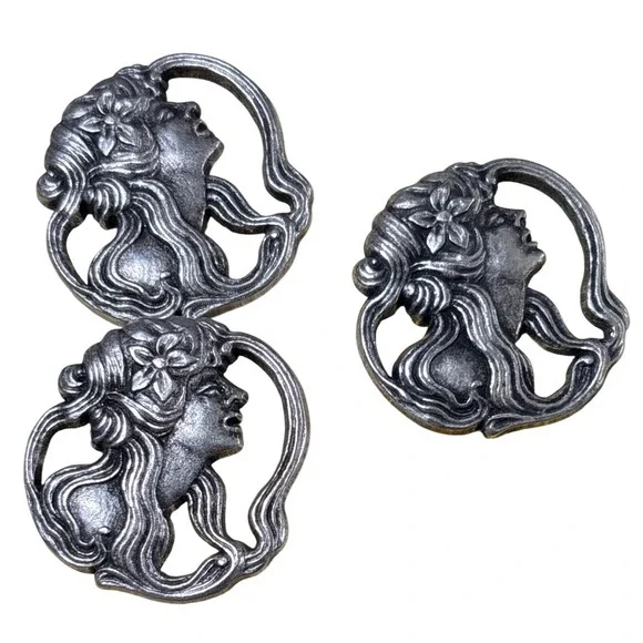Le Bouton Art Nouveau Lady Profile Buttons Silver Tone Made in Italy Set‎ of 3