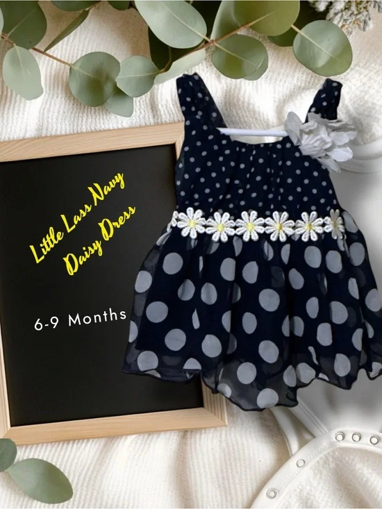 🌼Little Lass Navy and White Polka Dot Dress with Daisy Trim