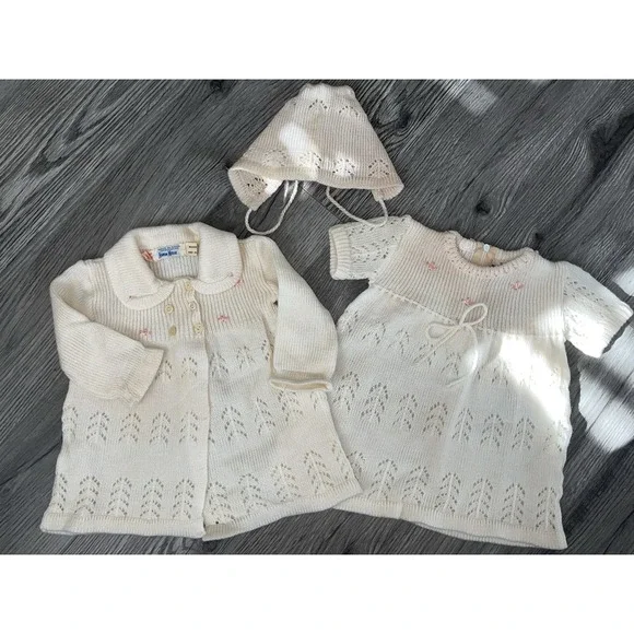 Vintage Neiman Marcus Made In Spain Knit/crochet Baby Dress, Sweater & Bonnet‎