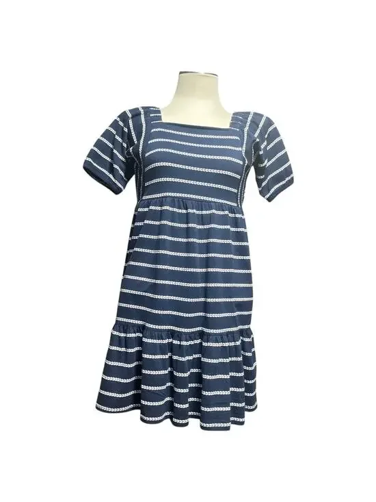 Tommy Hilfiger Short Sleeve Square Neck Tiered Dress Blue White XL 16