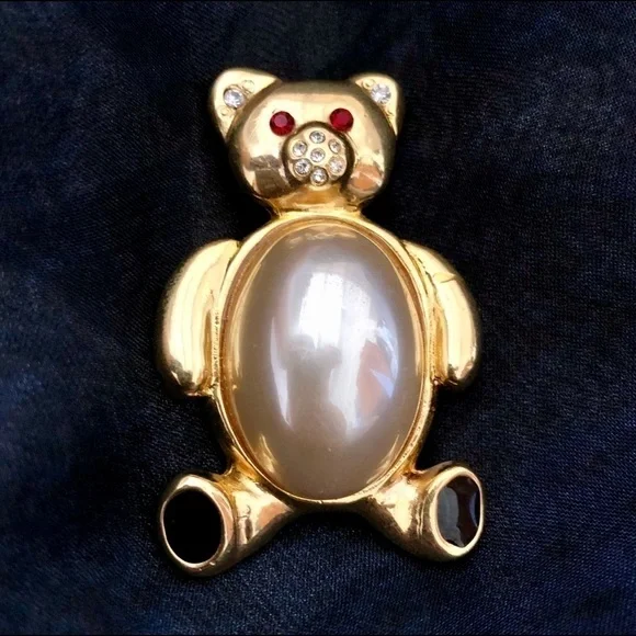 𝅺TEDDY bear pearl belly goldtone Brooch rhinestone