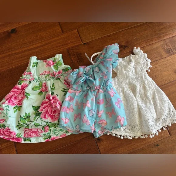 Baby Girl Spring Bundle 3-6M Floral Dress Butterfly Romper White Lace Pom Pom