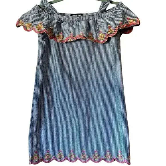 Lands End Girls Seersucker Summer Dress Girls 16 Scalloped Edges 100% Cotton