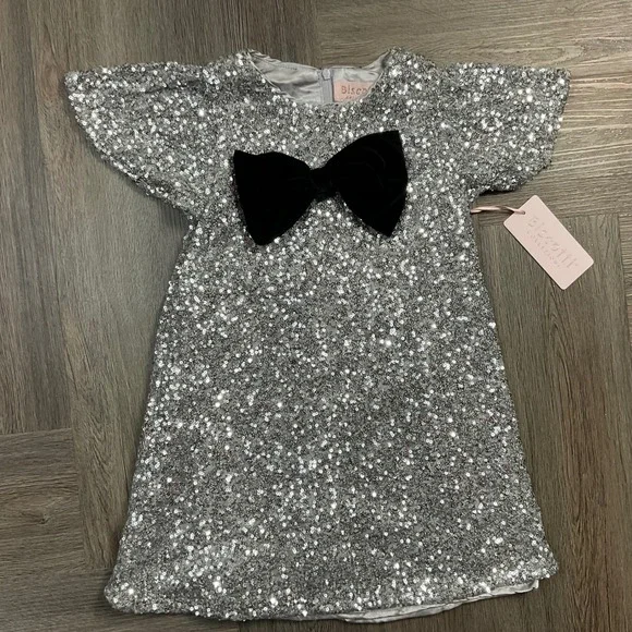 NWT Biscotti Collection Sequin Velvet Bow Party Dress Girls 5 Silver Black Fancy