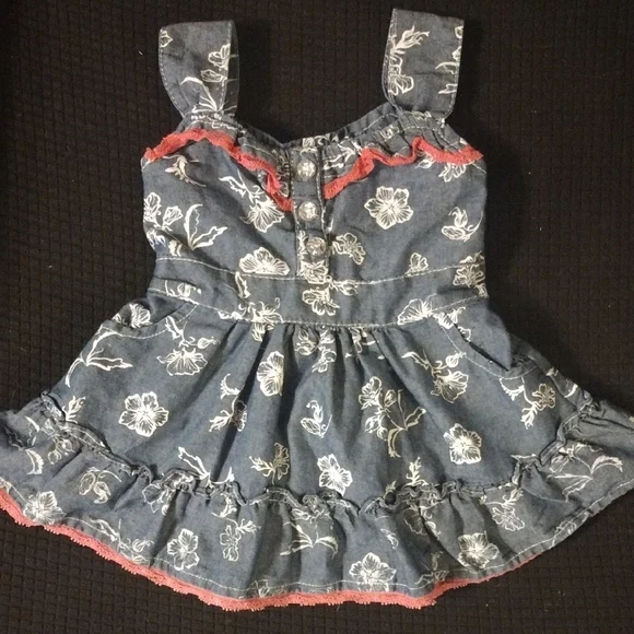 Denim Floral Sundress with Pink Lace Trim