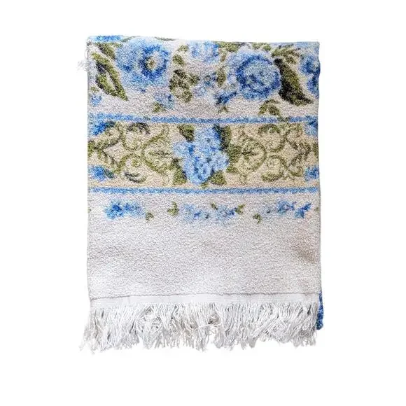 Vintage Cannon Bath Towel with Blue Floral Pattern