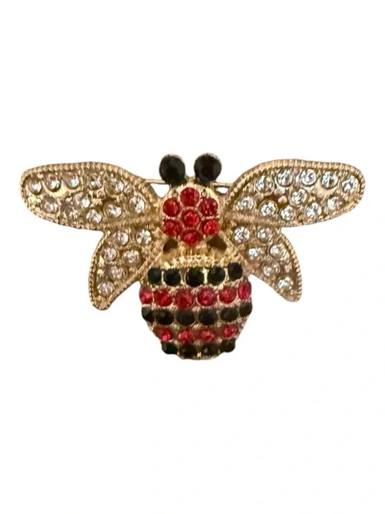 Vintage Gold Bee Pin with Red and Black Rhinestones
