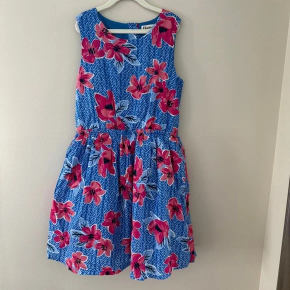 Hatley Girls Blue Chevron Pink Floral Cotton Fit and Flare Dress Size 12