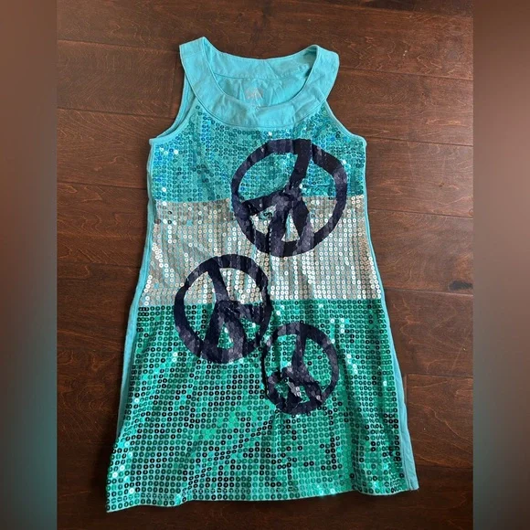 Justice Girls Blue Embellished Sequined Sleeveless Dress Sz 12 Peace Sign 4125