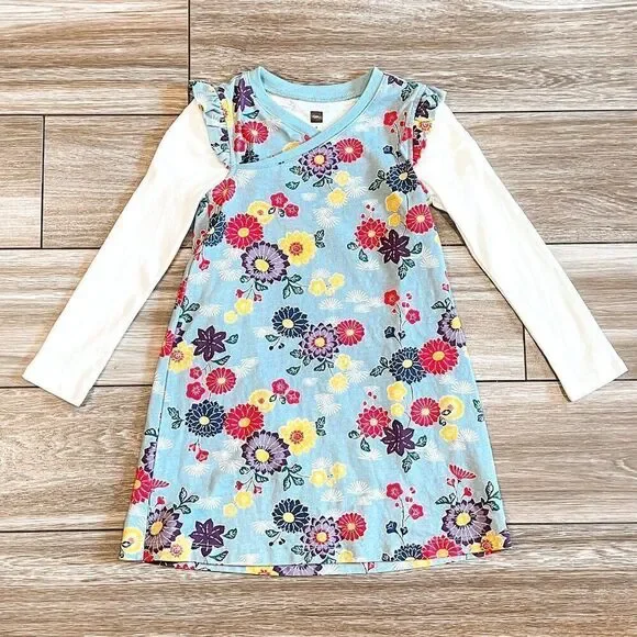 Tea Collection Long Sleeve Floral Flutter Shoulder Dress Size 4