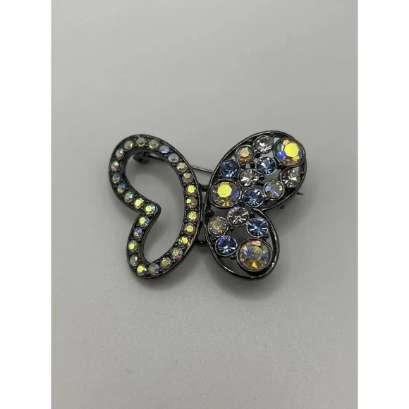 Lia Sophia Butterfly Heart‎ Brooch Pin Gunmetal Aurora Borealis Rhinestone