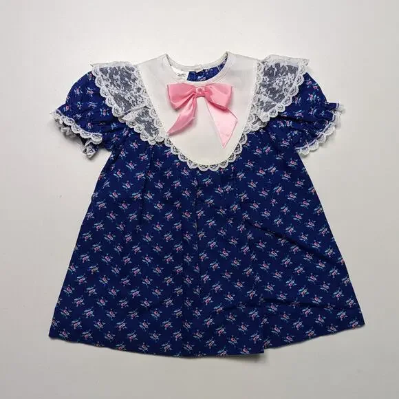 Vintage Sears Dress Girls Size 24m Blue Floral Frilly Bow