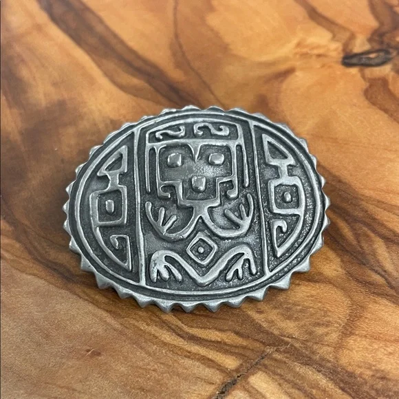 Vintage JJ Jonette Tribal Design Pewter Brooch Pin