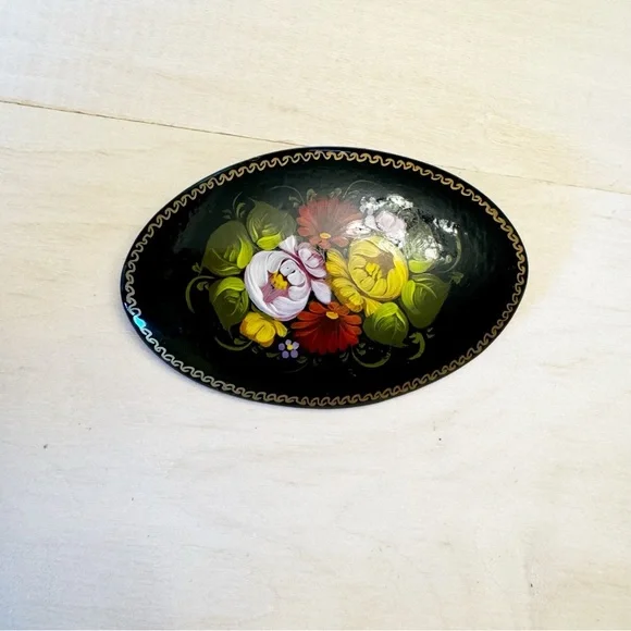 Signed Black Lacquered Floral Brooch Russian Pin Wood Hand Painted Vintage