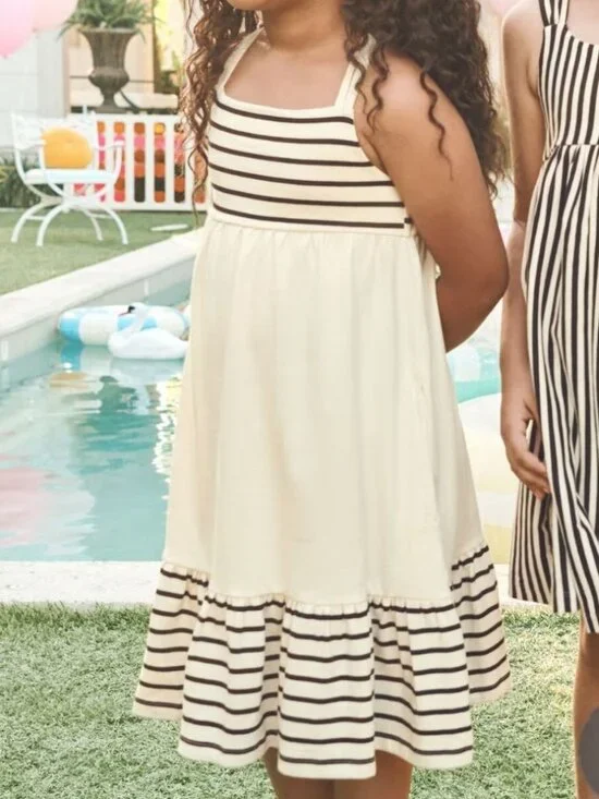 Hanna Andersson Sleeveless Striped Crossback Dress Ecru 3T
