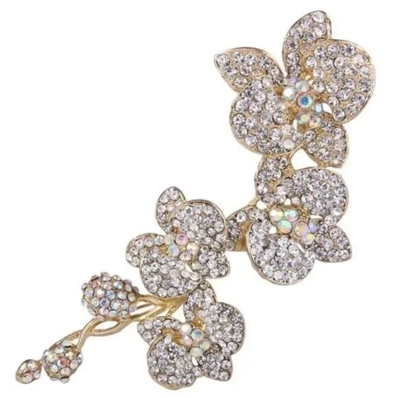 Long Yellow Gold with White Diamond Austrian Crystal Orchid Flower Brooch