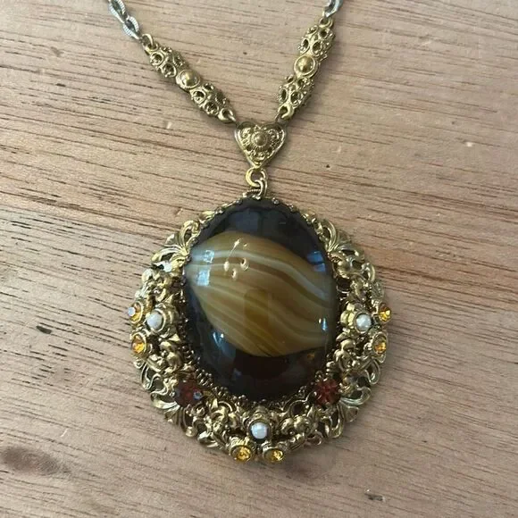 Vintage made in West Germany at gate filigree pendant with pearl and stone detai