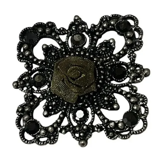 Vintage Silver Rhinestone Brooch with Olive Green Rose|Intricate Floral Pin|EUC