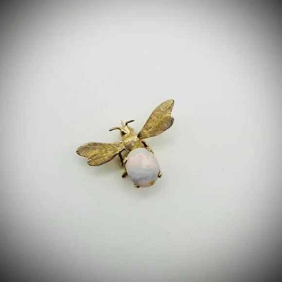 Engel Brothers 14K Gold Opal Bee Brooch Vintage Figural Pin 3g