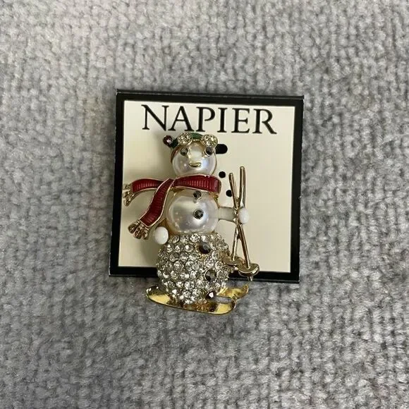 New Napier Gold Tone Skiing Snowman with Christmas Colors Pin Brooch