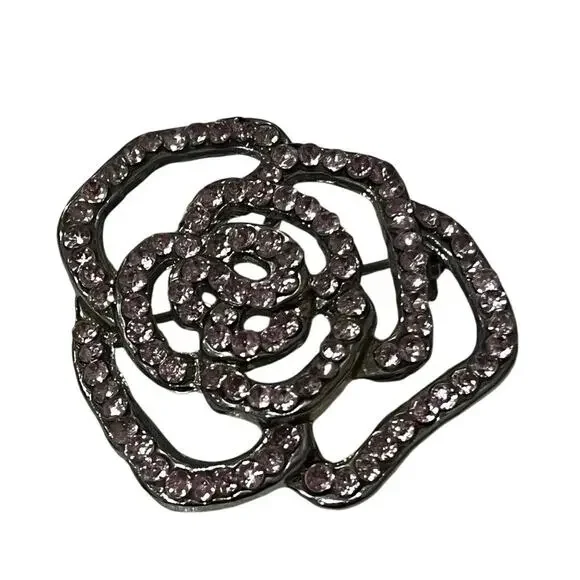 Vintage Pink Rhinestone Rose Brooch – Silver Tone| Sparkling Floral Pin | EUC 🌸