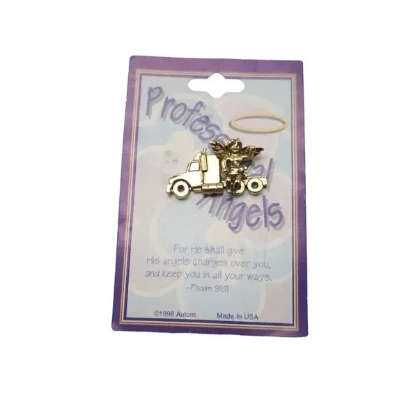 Guardian Angel Trucker Lapel Brooch Pin Gold Tone Vintage