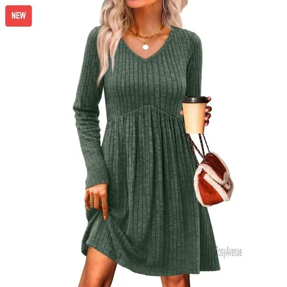 Girls Long Sleeve V-Neck Sweater Dress with Pockets, Empire Waist, Casual