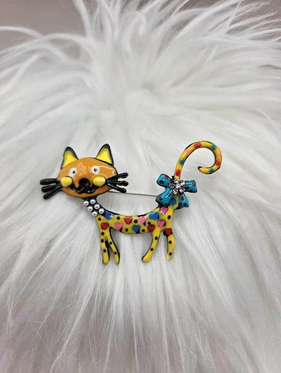 Whimsical Yellow Cat Brooch with Green Polka-Dot Bow, NWOT