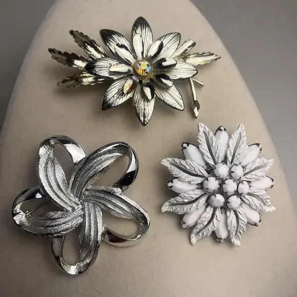 Vintage Floral Brooch Pin Lot Silver Tone Milk Glass AB Aurora Borealis Jewelry