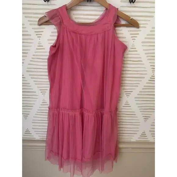 Mango Kids Girls Size 11-12 Pink Scoop Neck Sheer Overlay Knee Length Dress