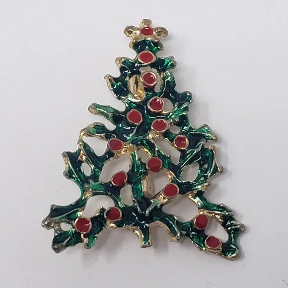 Gold Tone Red Green Enamel Christmas Tree Brooch