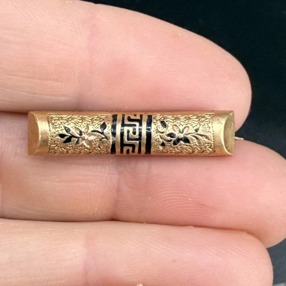 Vintage‎ Victorian Gold Filled Bar Brooch Black Enamel