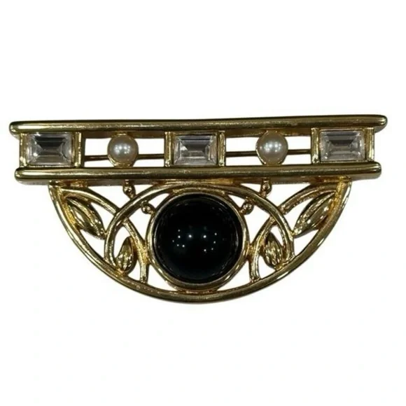 Vintage Monet Art Deco-Style Brooch Women's OS Gold-tone Black Lucite Faux Pearl