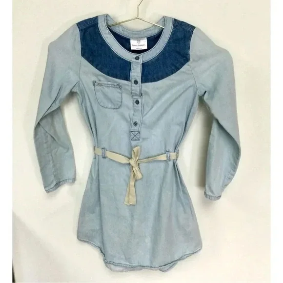 Hanna Anderson‎ Girls Blue Belted Buttons Denim Long Sleeve Shirt Dress Size 8