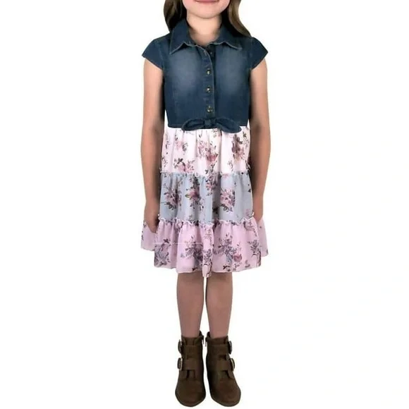 Zunie Girl's Denim Chiffon Tiered Floral Print Dress