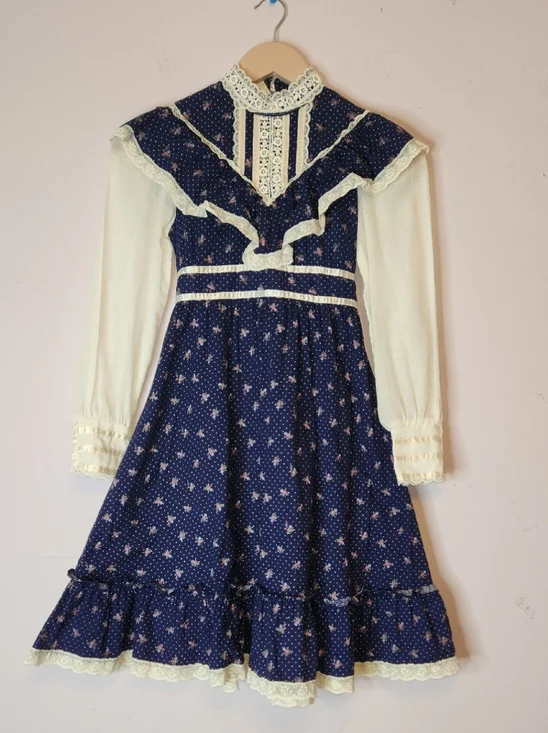 VTG 1970s Gunne Sax prairie-style dress, blue floral calico print, size 10