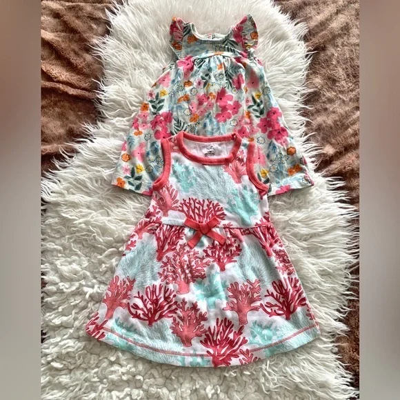 Bundle of 2 Baby Girl Dresses Sleeveless 3-6 M Floral & Coral