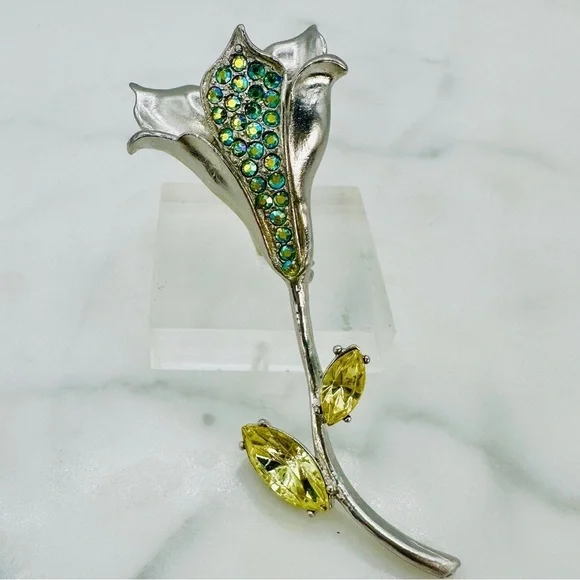 Vintage Cala Lilly Brooch Pin Blue Green AB Rhinestone Petals Yellow Gem Leaves