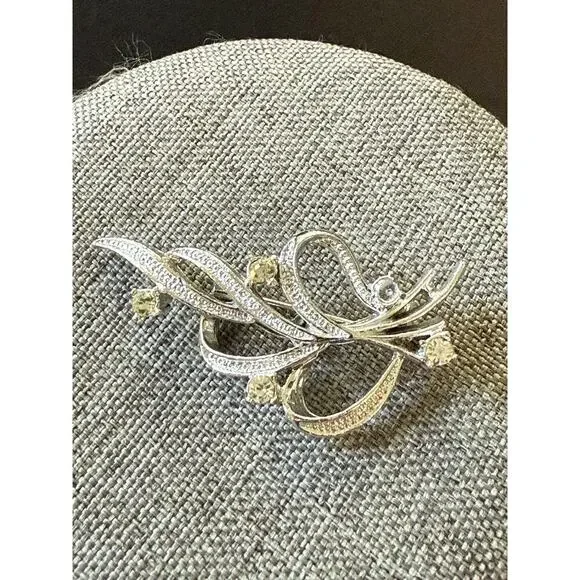 Vintage Signed Gerrys Leaf Brooch Pin Silver Tone White Rhinestone Ribbon