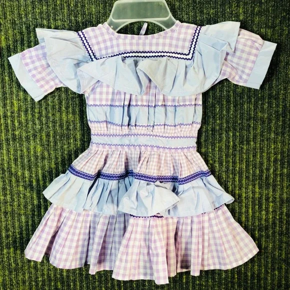 Kids‎ Lavender Gingham Ruffle Tiered Dress with Navy Trim