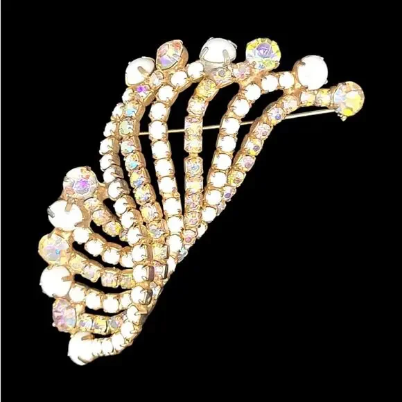 Glam Vintage Coquette Milk Glass AB Rhinestone‎ Flourish Brooch Pin Delight